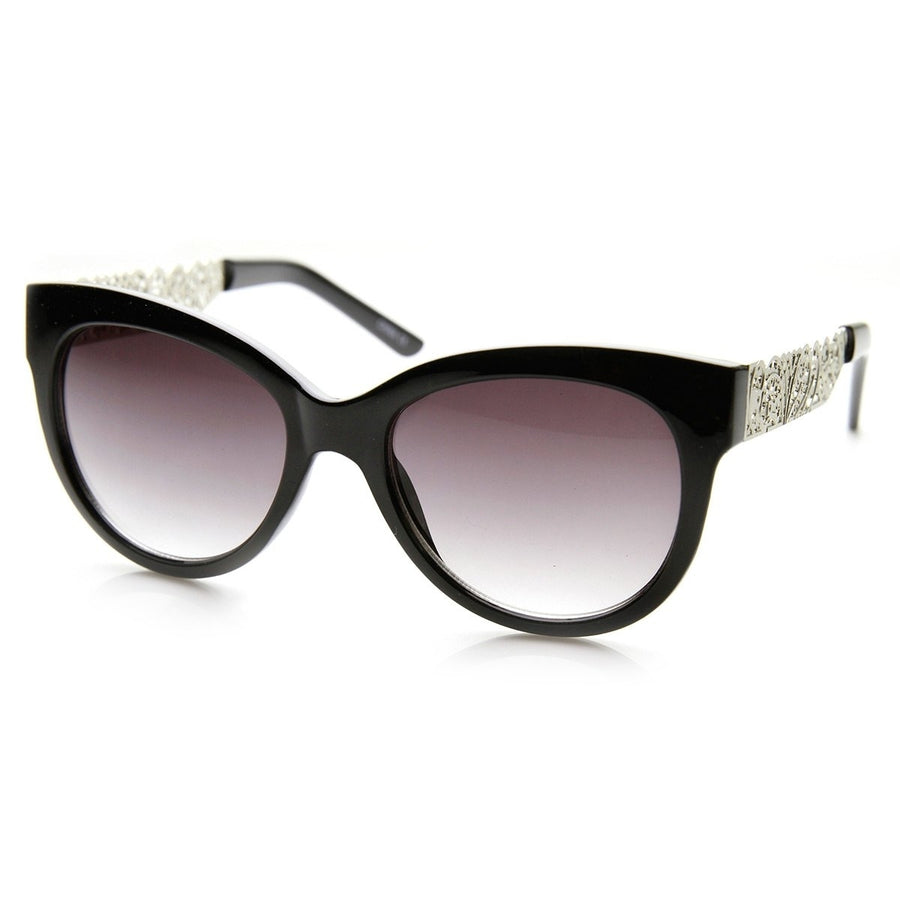 Womens Oversized Laser Cut Out Metal Temple Cateye Sunglasses Image 1