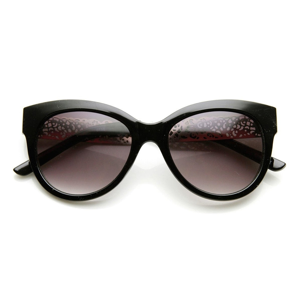 Womens Oversized Laser Cut Out Metal Temple Cateye Sunglasses Image 2