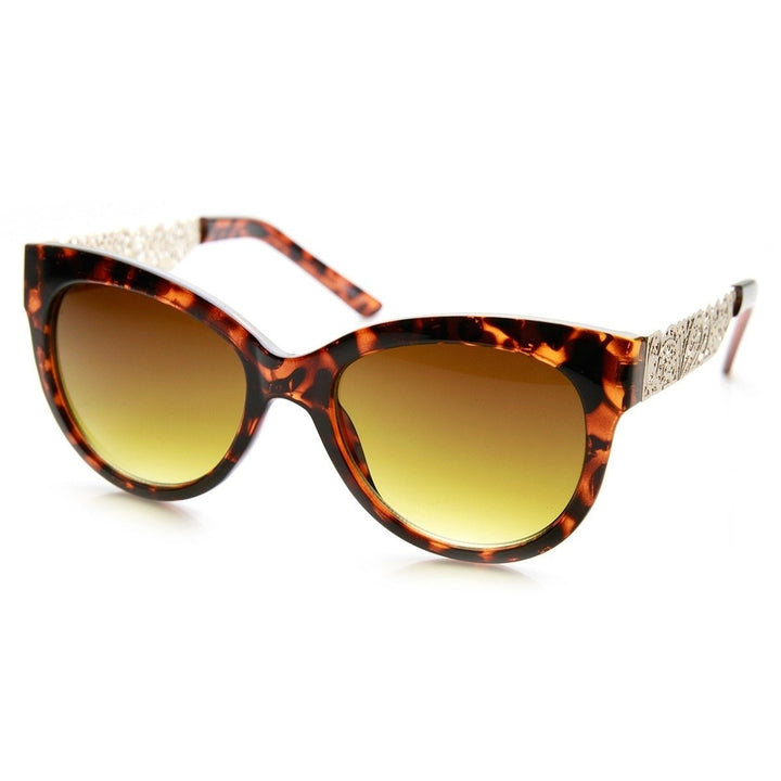 Womens Oversized Laser Cut Out Metal Temple Cateye Sunglasses Image 4