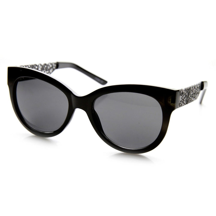 Womens Oversized Laser Cut Out Metal Temple Cateye Sunglasses Image 6