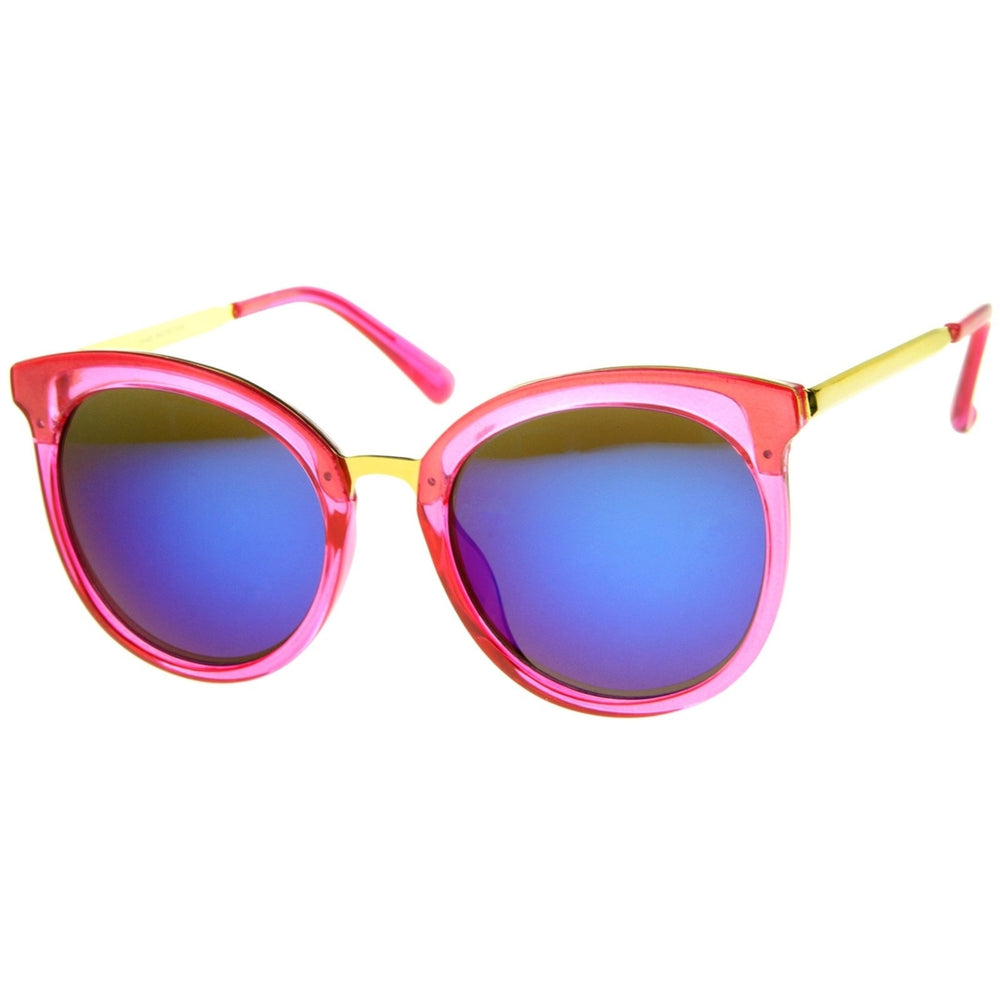 Womens Round Oversized Translucent High Temple Color Mirrored Lens Cat Eye Sunglasses Image 2
