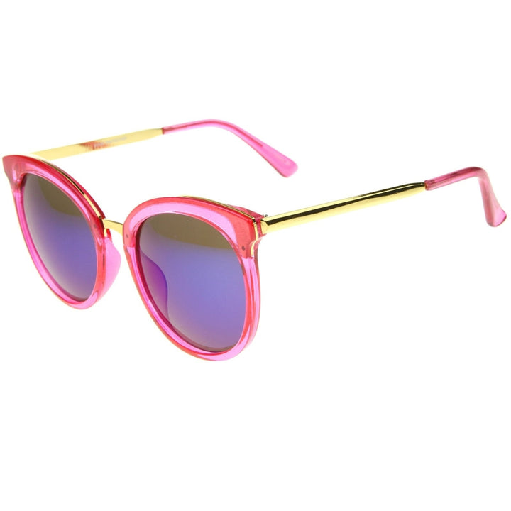 Womens Round Oversized Translucent High Temple Color Mirrored Lens Cat Eye Sunglasses Image 3