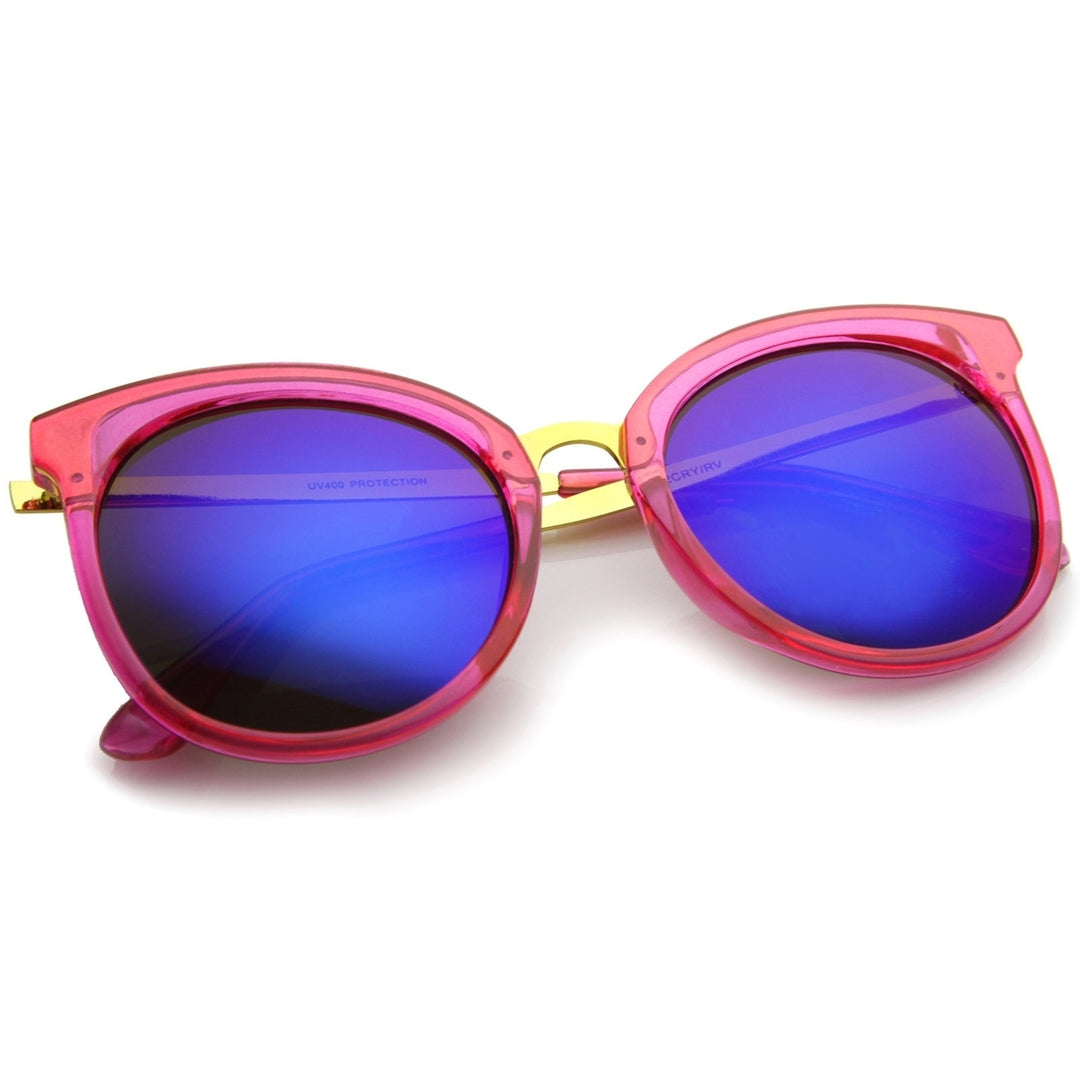 Womens Round Oversized Translucent High Temple Color Mirrored Lens Cat Eye Sunglasses Image 4