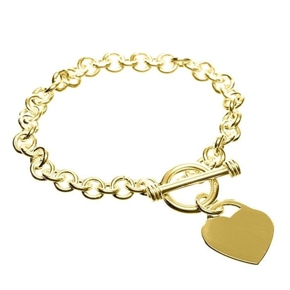 Designer Inspired Heart Charm Toggle Bracelet Sterling Silver 18k Gold Plated 7.5" Image 1