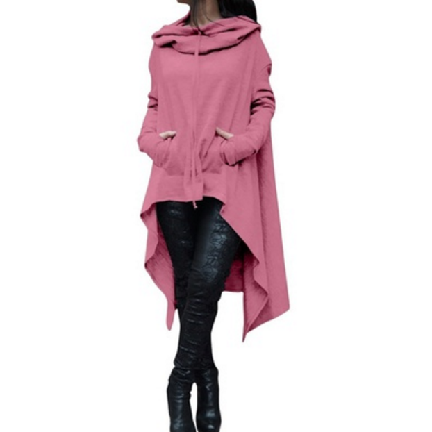Womens Solid Color Draw Cord Coat Long Sleeve Loose Casual Poncho Coat Image 2