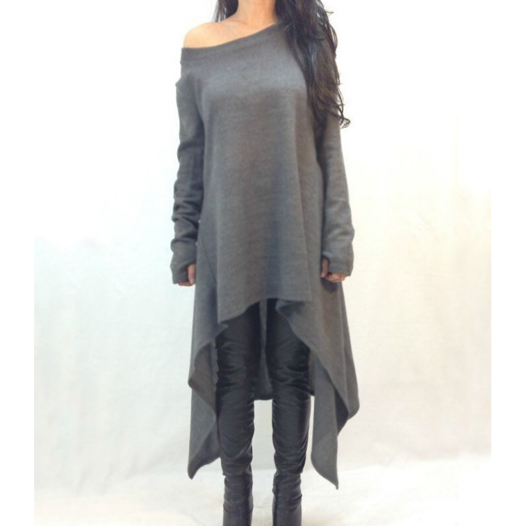 Women Grey black Long Sleeve Irregular Hem Cotton Slim Fit Image 2