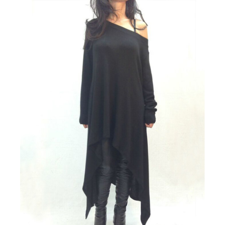 Women Grey black Long Sleeve Irregular Hem Cotton Slim Fit Image 3