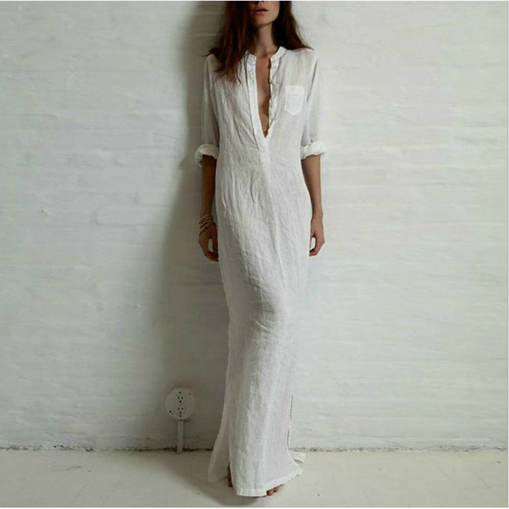 Women Sexy Casual Dress Long Sleeve Deep V Neck Linen Split Solid Long Maxi Dress Image 1