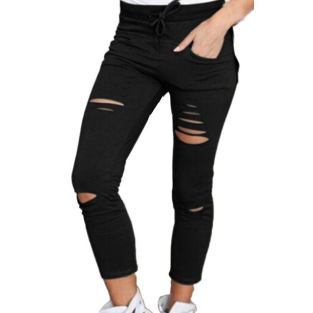 Cut High Trousers Skinny High Waist Stretch Ripped Slim Pencil Pants Image 3