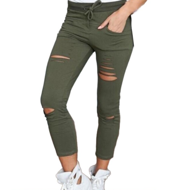 Cut High Trousers Skinny High Waist Stretch Ripped Slim Pencil Pants Image 4