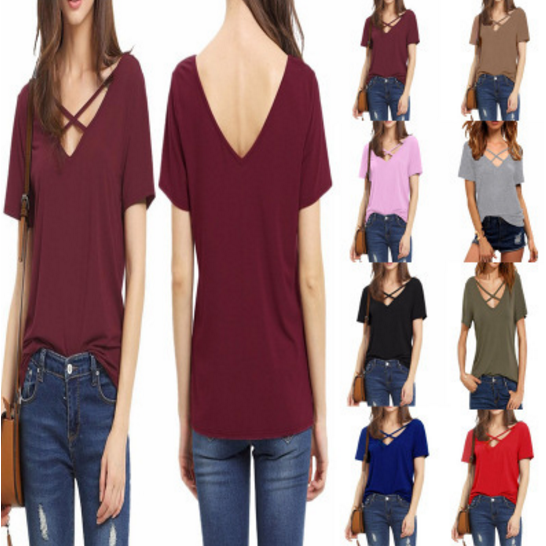Before And After The Burst V-Neck Solid Color T-Shirt Straps Cross Female Image 1