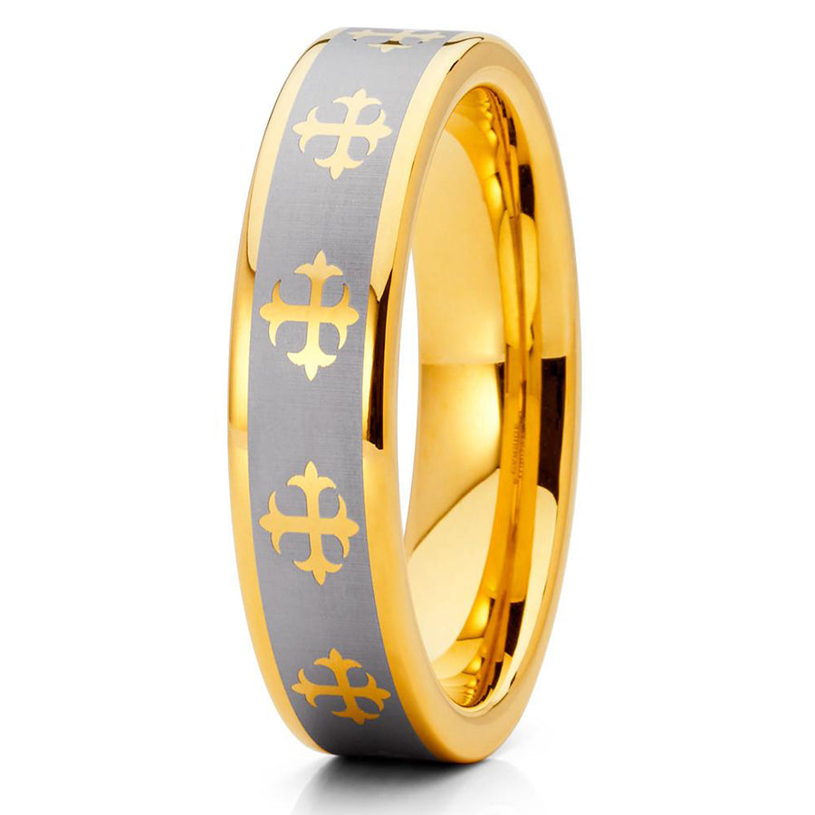 5mm Yellow Gold Tungsten Carbide Wedding Ring Cross Design Silver Finish Unisex Pipe Cut Band Image 1