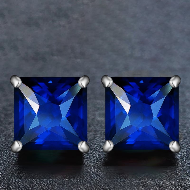 Sapphire Princess Cut Sterling Silver Studs 2.00 CTTW Created 925 Jewelry Image 1