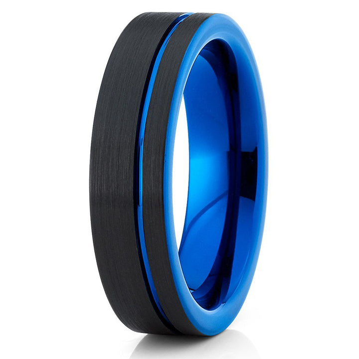 Tungsten Wedding Band Black Tungsten Ring Tungsten Carbide Ring Blue Tungsten Band Brushed Black Offset Groove Comfort Image 1