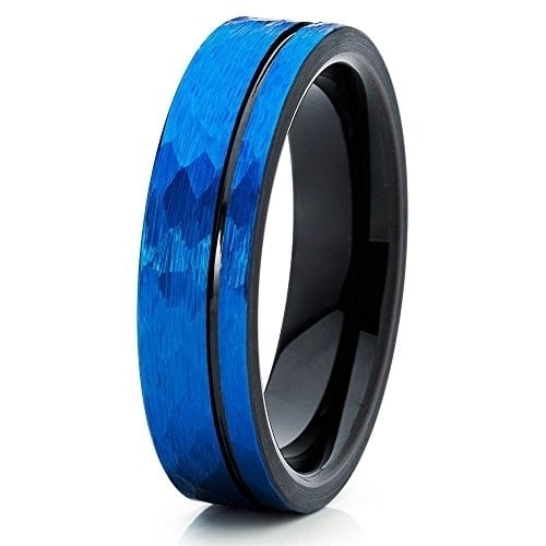 Black Tungsten Ring Hammered Blue Brushed Top 6mm Blue Tungsten Ring Offset Black Groove Comfort Fit Image 1