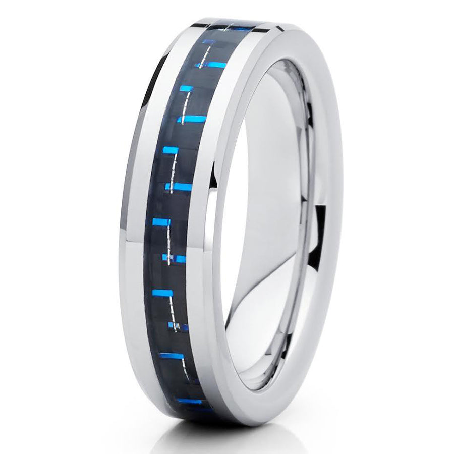 6mm Polished Silver Tungsten Carbide Wedding Ring Beveled Edge Blue Carbon Fiber Center Unisex Band 10 Image 1