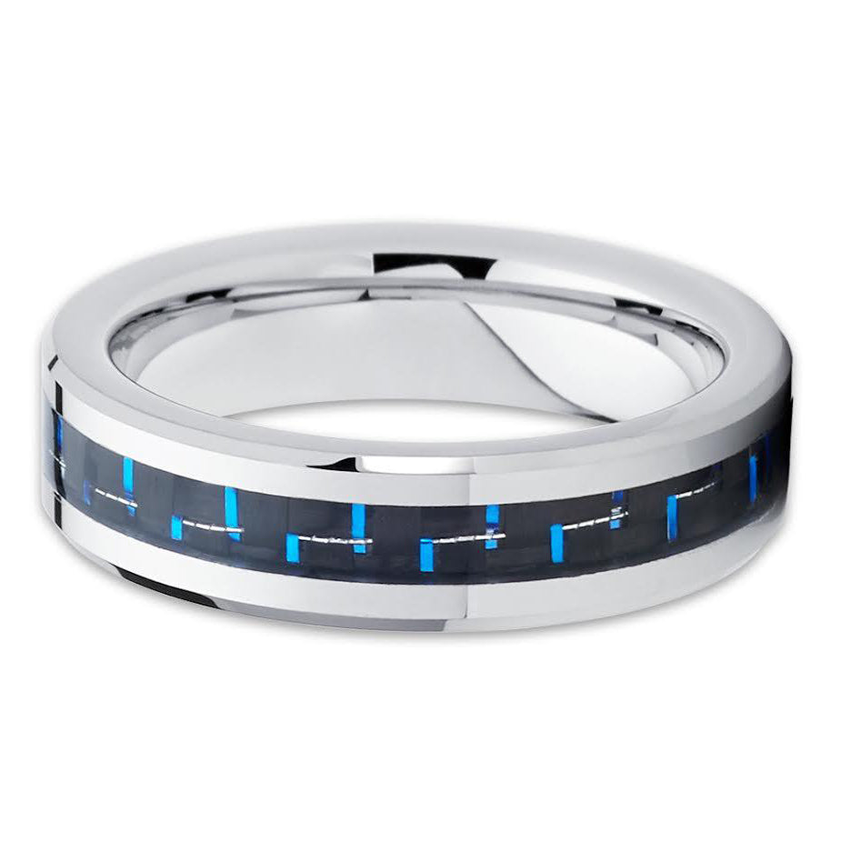 6mm Polished Silver Tungsten Carbide Wedding Ring Beveled Edge Blue Carbon Fiber Center Unisex Band 10 Image 2