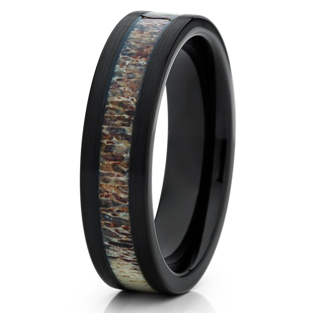 6mm Black Tungsten Carbide Wedding Ring Deer Antler Insert Unique Comfort Fit Mens Womens Band 10 Image 1