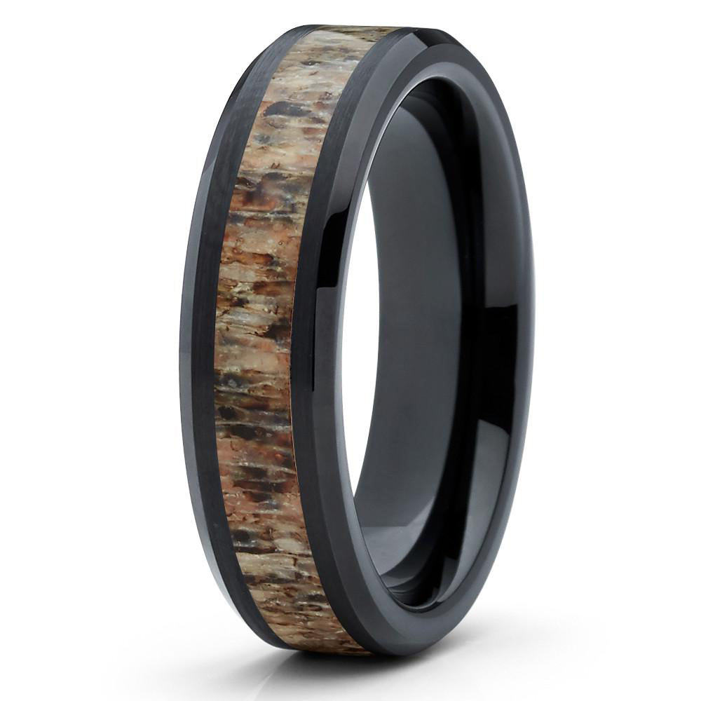 6mm Polished Black Tungsten Carbide Wedding Band Deer Antler Insert Beveled Edges Comfort Fit Mens Womens Ring 10 Image 1