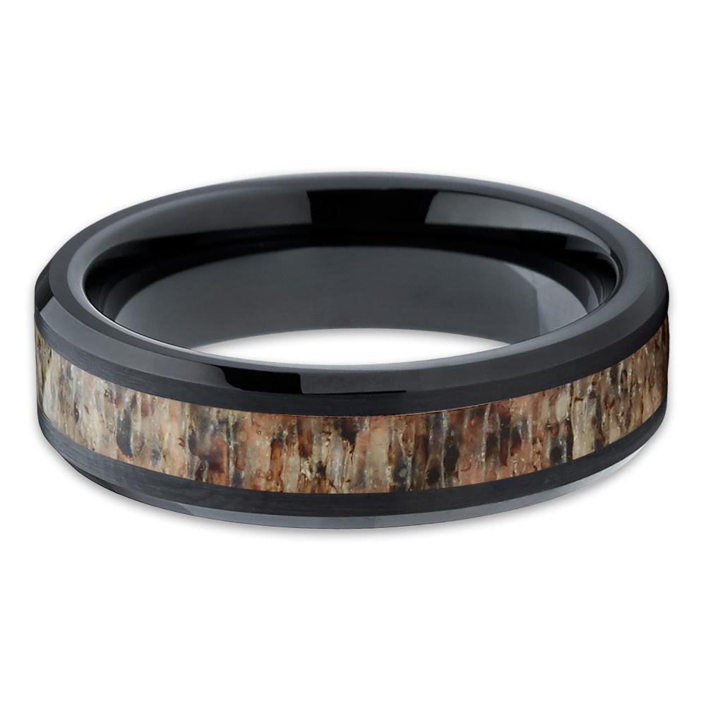 6mm Polished Black Tungsten Carbide Wedding Band Deer Antler Insert Beveled Edges Comfort Fit Mens Womens Ring 10 Image 2