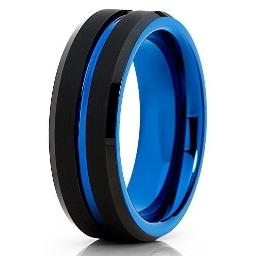 Blue Tungsten Wedding Band Tungsten Carbide Ring 8mm Black Tungsten Band Men & Women Comfort Fit Image 1