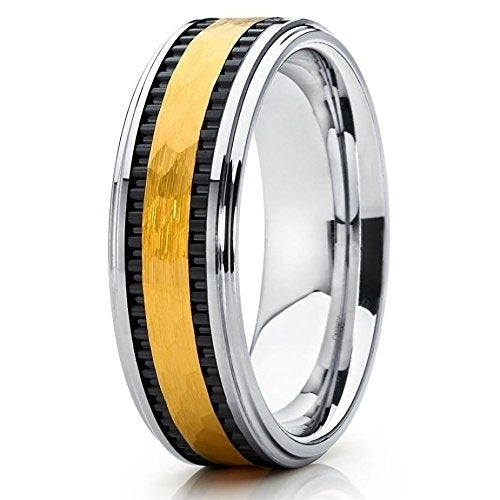 8mm Yellow Gold Tungsten Ring Wedding Band Hammered Milgrain Comfort Fit Image 1