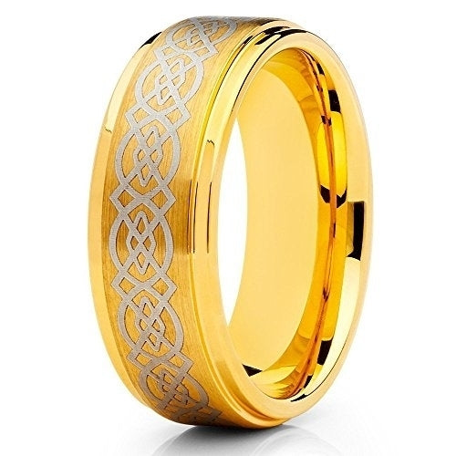 8mm Yellow Gold Tungsten Carbide Ring Brushed Finish Unique Design Comfort Fit Wedding Band (6) Image 1
