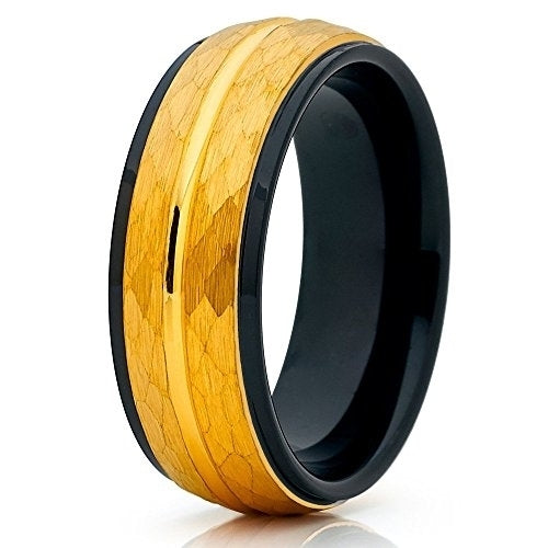 8mm Yellow Gold Tungsten Ring Tungsten Wedding Band Hammered Black Tungsten Ring Men and Women Comfort Fit Image 1