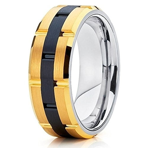 8mm Tungsten Wedding Band Yellow Gold Ring Brushed Carbide Band Grooved Men and Women Black Comfort Fit Image 1