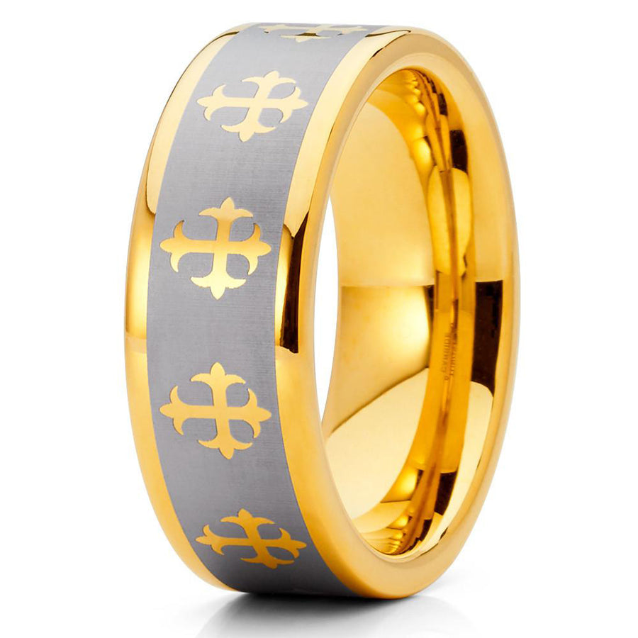 8mm Yellow Gold Tungsten Carbide Wedding Ring Cross Design Brushed Silver Finish Unisex Band 10 Image 1