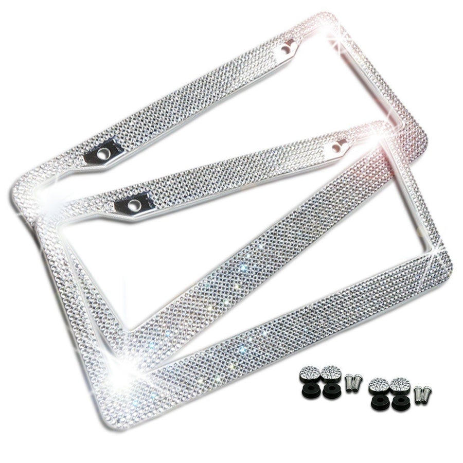 Zone Tech 2x Metal License Plate Frame Bling Rhinestone Chrome Crystal Diamond Image 1