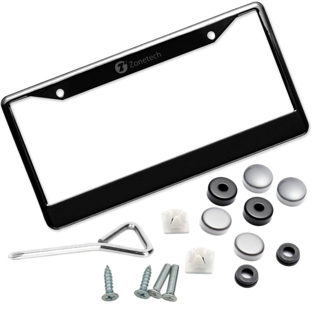 Zone Tech Slim Black Stainless Steel Metal License Plate Frame Screw Caps Matte Image 1