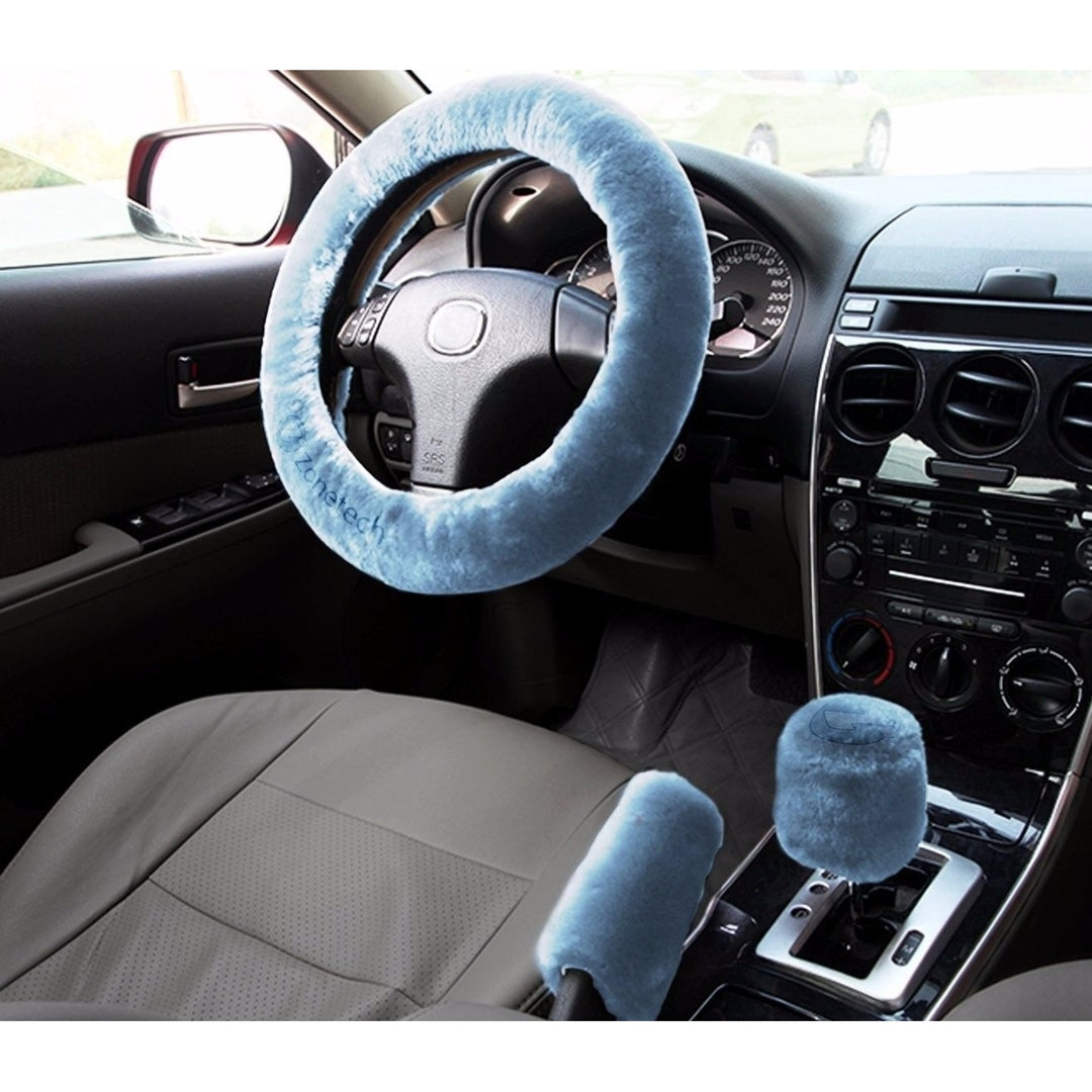 Zone Tech Blue Car Steering Wheel Emergency Handbrake Gear Shift Plush Cover Image 1