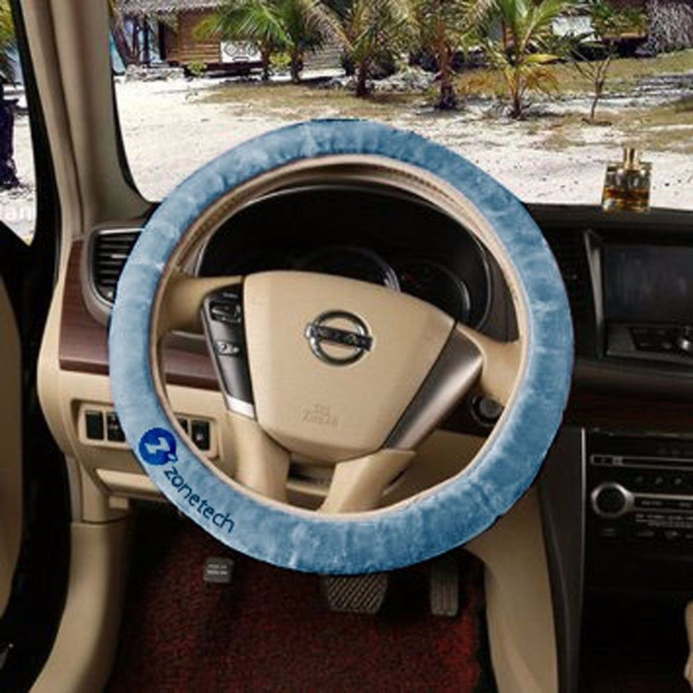 Zone Tech Blue Car Steering Wheel Emergency Handbrake Gear Shift Plush Cover Image 2