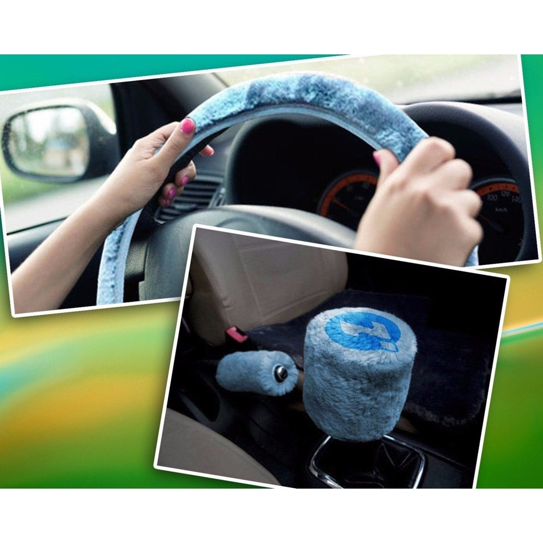 Zone Tech Blue Car Steering Wheel Emergency Handbrake Gear Shift Plush Cover Image 4