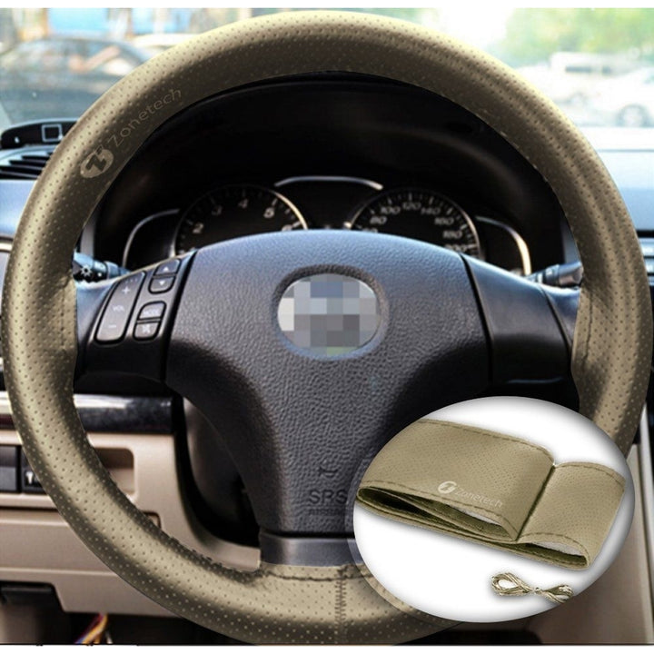 Zone Tech Steering Wheel Cover With Needles and Thread DIY Beige Leather Sew On Image 1