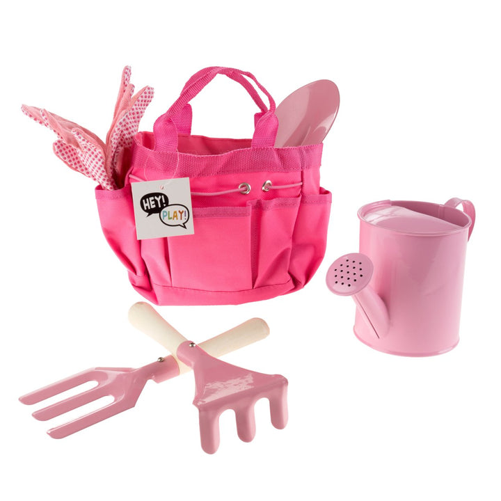 Hey Play Kids Gardening Tool Set with Bag Gloves Shovel Rake Fork Watering Can Image 1