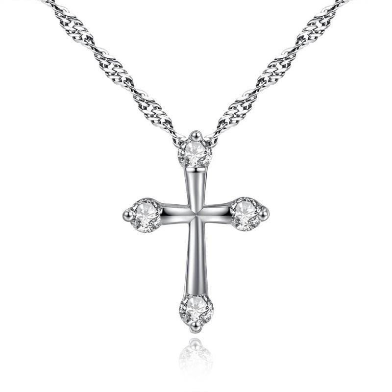 Christian Jewelry White Gold Color AAA+ Zircon CZ Cross Crucifix 18" Water Wave Chain Pendant Necklace for Women Party Image 1