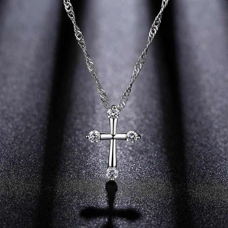 Christian Jewelry White Gold Color AAA+ Zircon CZ Cross Crucifix 18" Water Wave Chain Pendant Necklace for Women Party Image 2