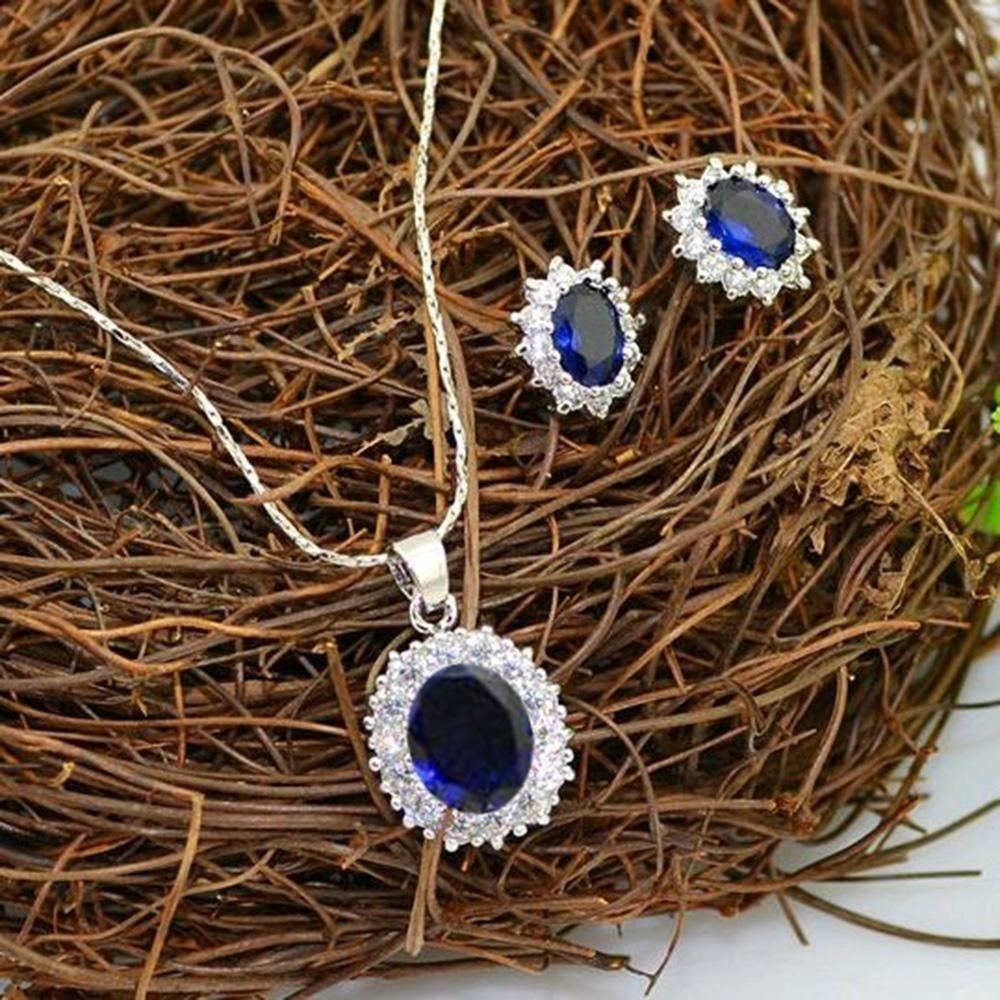 Silver Blue Crystal Jewelry Sets Luxury CZ Necklace Earrings Fine Jewelry Image 4