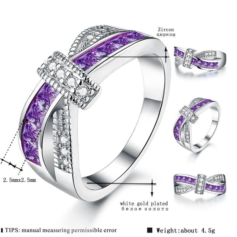 Purple Criss Cross White Gold Plated Cubic Zirconia Ring Image 1