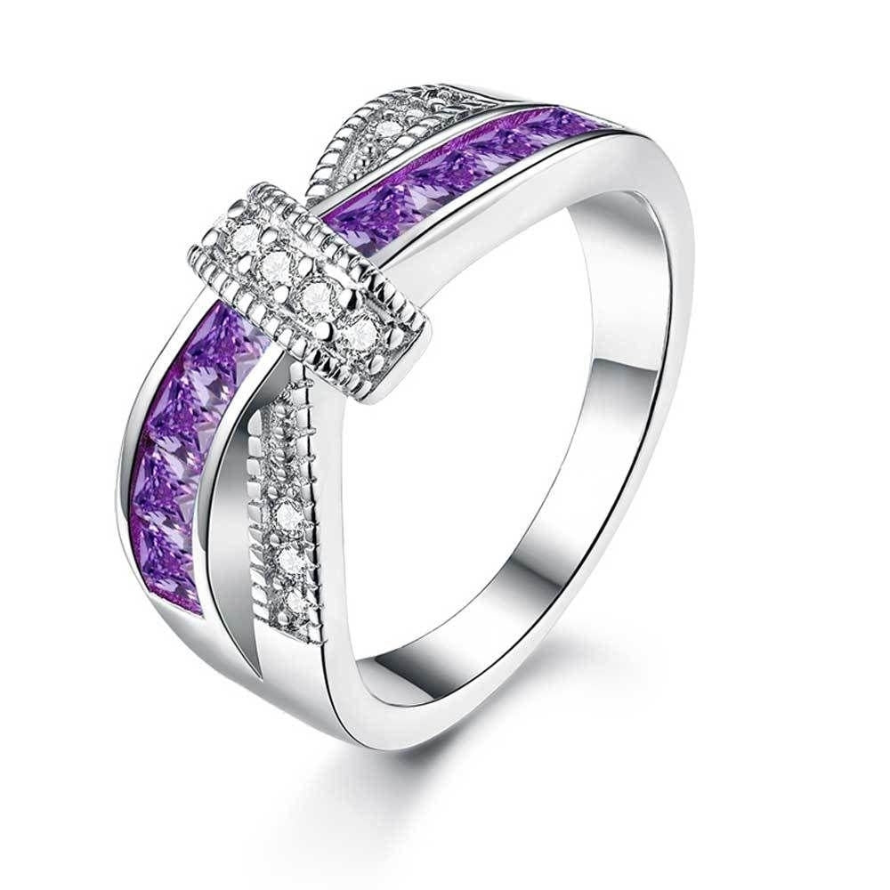Purple Criss Cross White Gold Plated Cubic Zirconia Ring Image 2