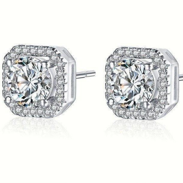 Sterling Silver Pave Cubic Zirconia 8mm Square Round Stud Earrings Gift Box S1 Image 4