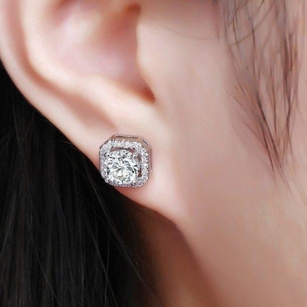 Sterling Silver Pave Cubic Zirconia 8mm Square Round Stud Earrings Gift Box S1 Image 4