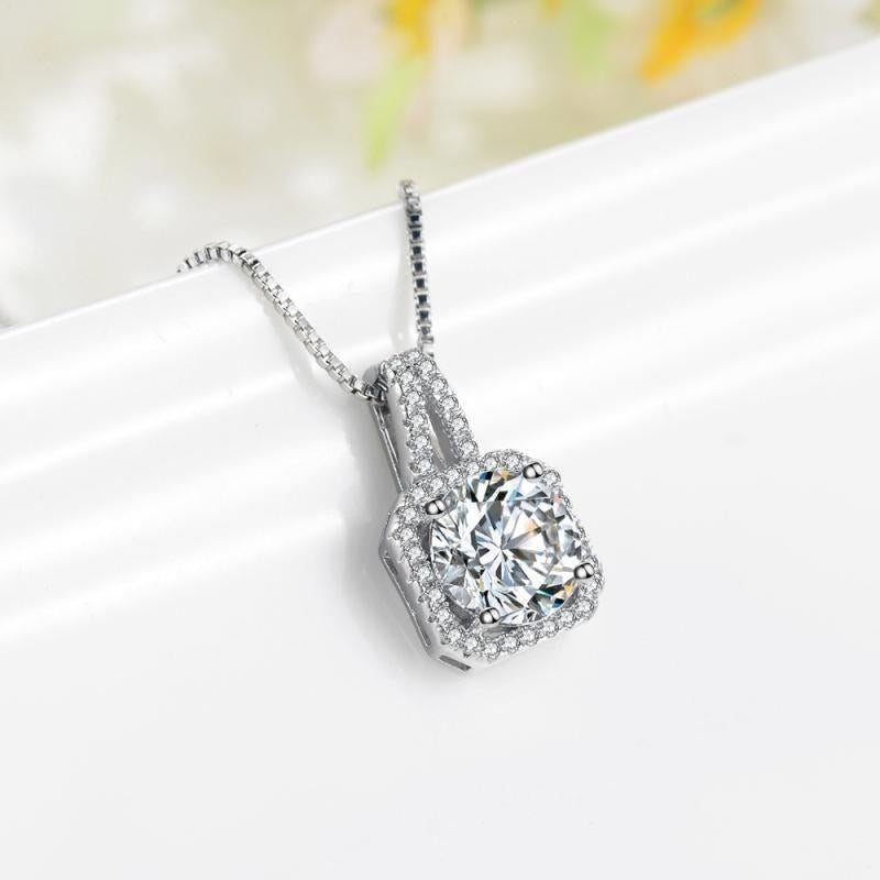 Princess Cut White Gold CZ Crystal Stud Earrings Pendant Necklace Jewelry Set Image 4