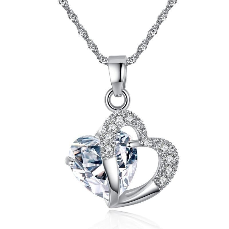 White Gold Color AAA+ Clear Crystal Cluster Cubic Zirconia CZ Double Hearts Chain Pendant Necklace for Women Festive Hot Image 4