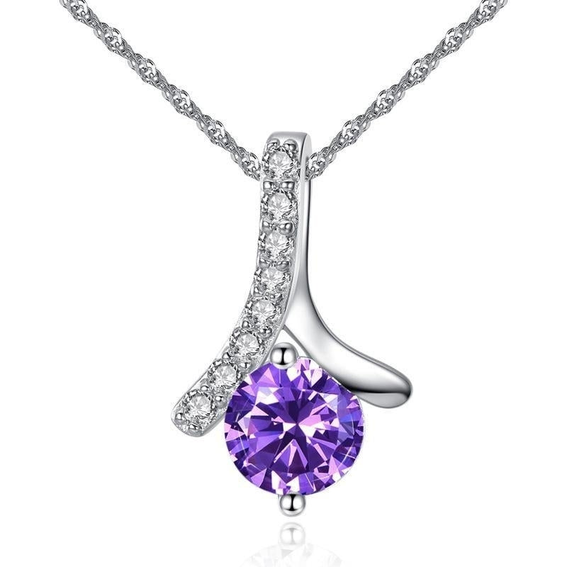 White Gold Plated Purple/White Zircon CZ Clear Crystals Water Wave Chain Pendant Necklace Image 2