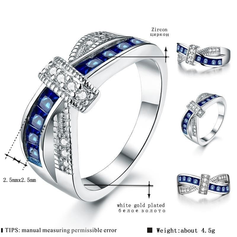 White Gold Plated Cross Blue Engagement Ring Image 4