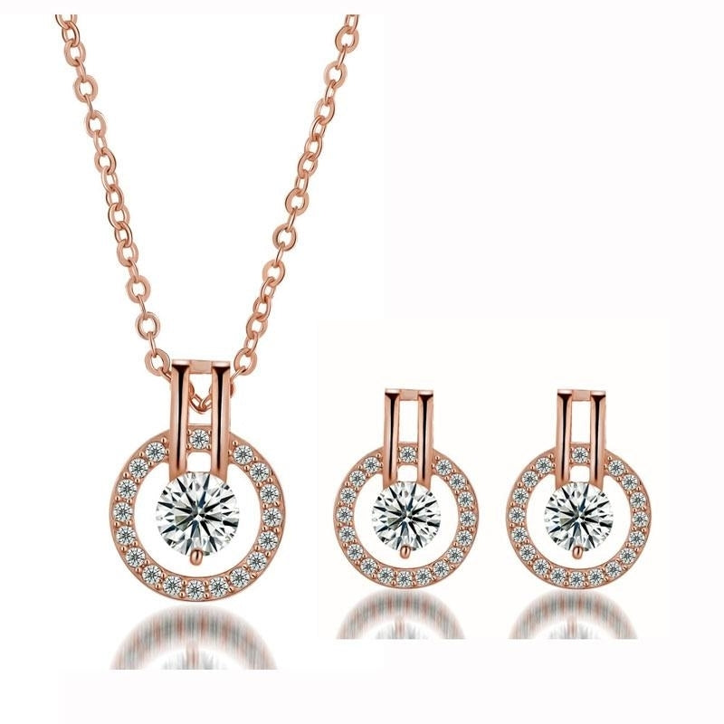 White or Rose Gold Color Round Circle Full Paved Clear Crystals Cut Zircon Stud Earrings Pedant Necklace Jewelry Sets Image 1