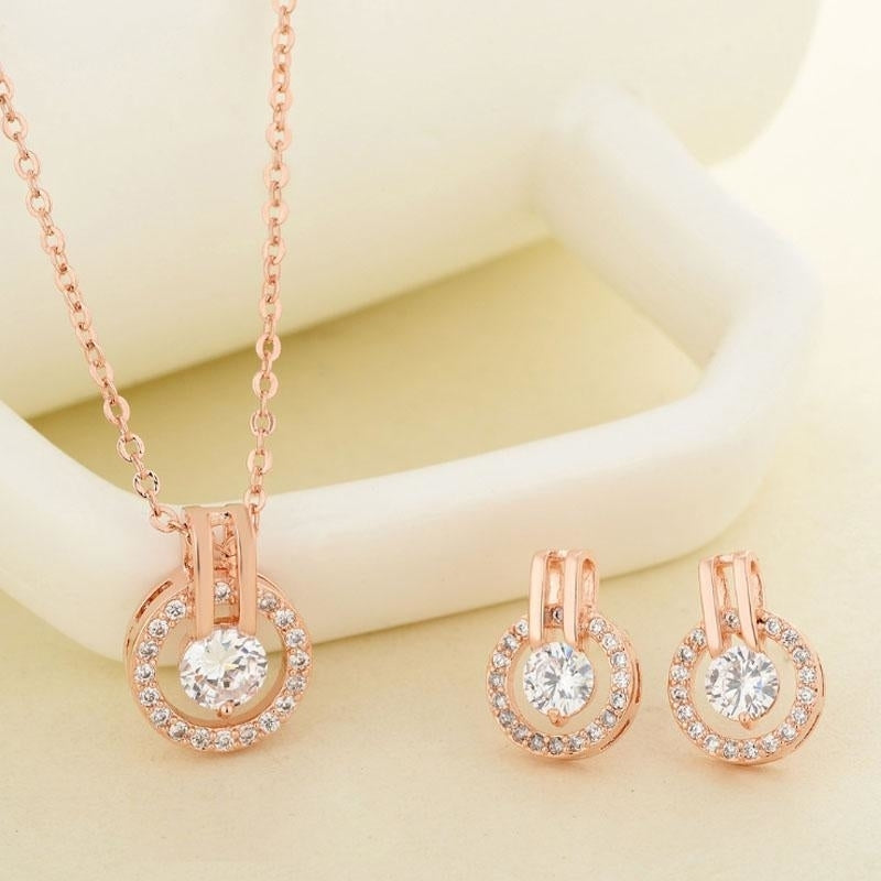 White or Rose Gold Color Round Circle Full Paved Clear Crystals Cut Zircon Stud Earrings Pedant Necklace Jewelry Sets Image 2